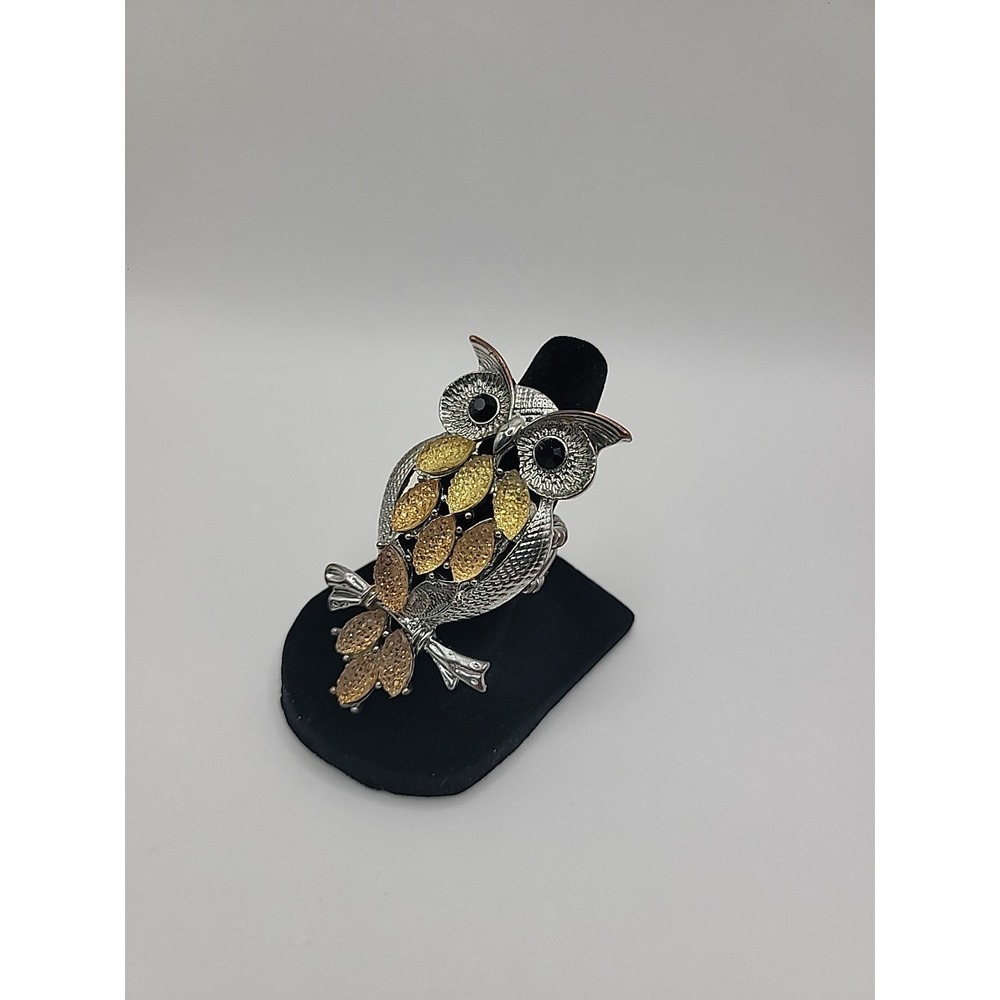 Vintage Silver Tone Owl Stretch Ring Gold Tone Accents Whimsical Animal Jewelry - Picture 3 of 10